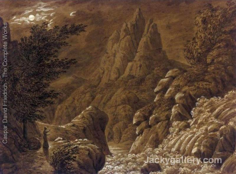 Idealised Landscape with Waterfall by Caspar David Friedrich paintings reproduction